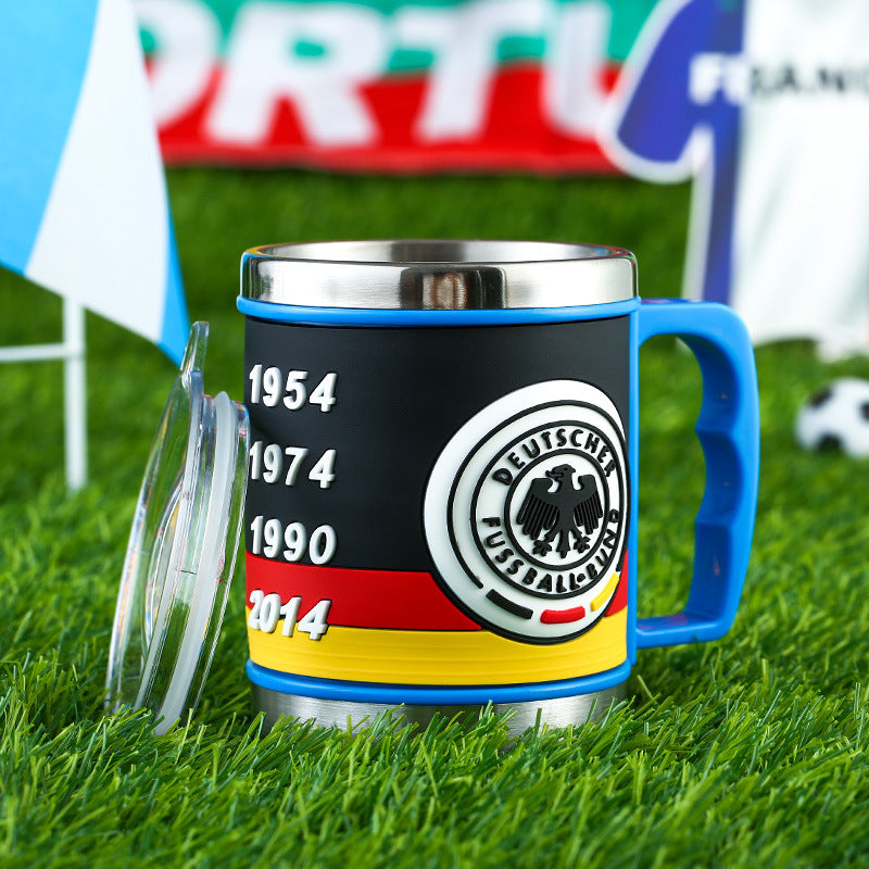 World Cup soccer mug group display — all design variants for sports events